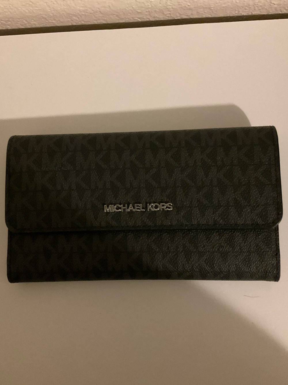Michael Kors Black MK Logo Continental Wallet with Silver Logo
